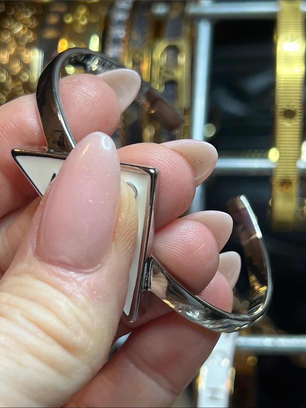 Silver Open Bracelet with White Enamel Inlay-Fashion Inspired/Upcycled